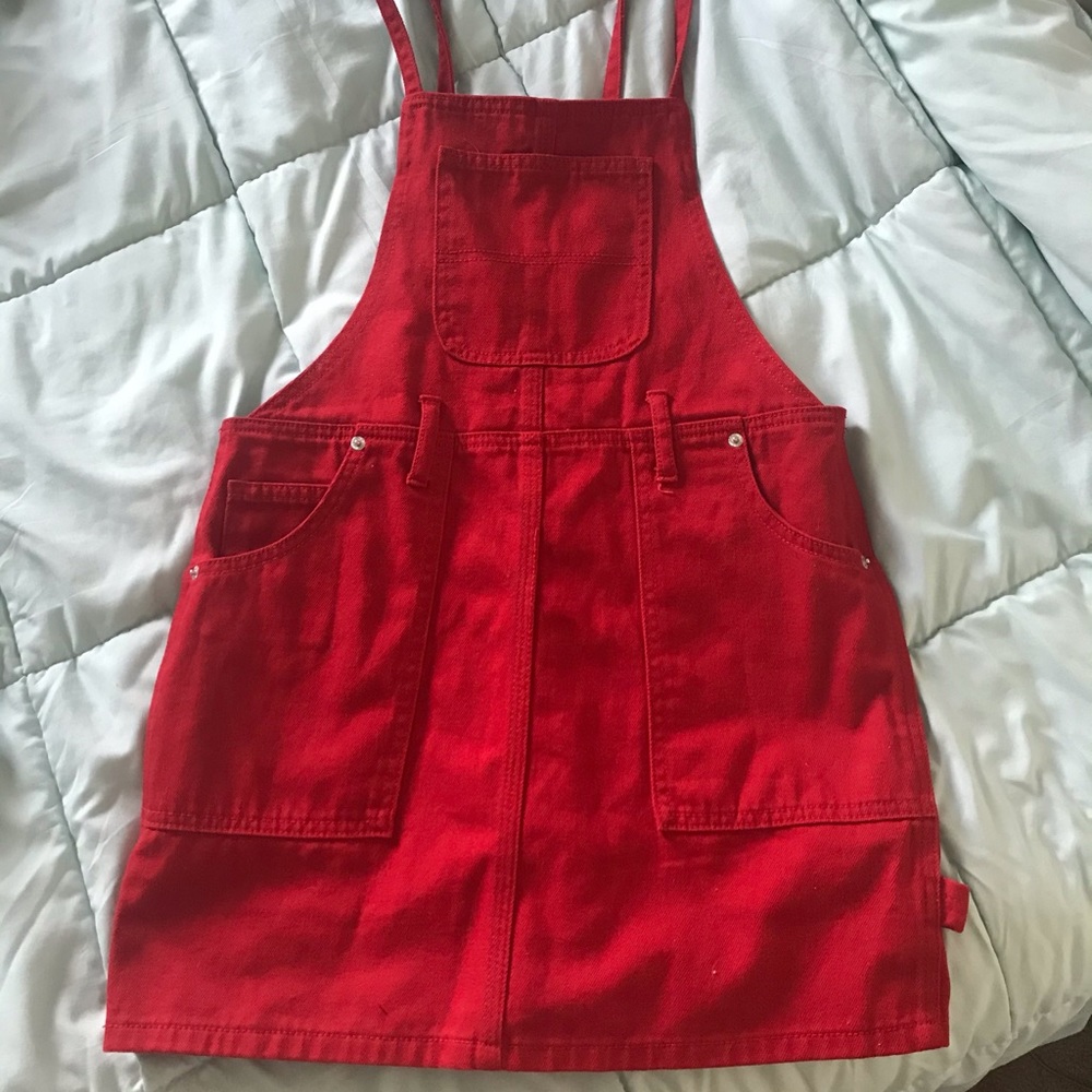 red overall dress
